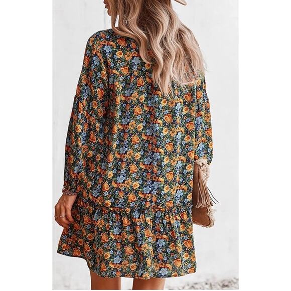 Kirundo Floral Mini Shift Dress EUC Sz Lg Ruffle Hem Neck Tie Polyester Light - Picture 13 of 13